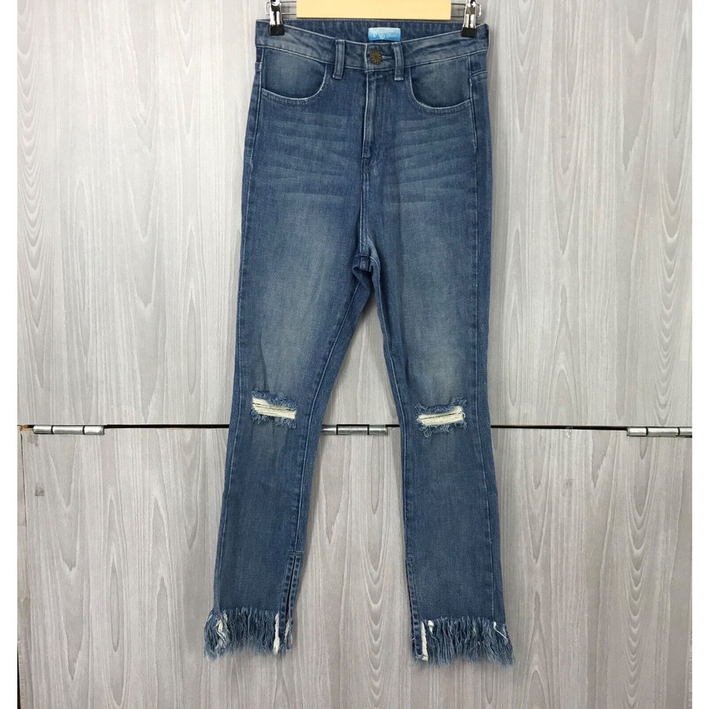 Show Me Your Mumu Brooklyn Crop Flare Jeans 26 Harbor Wash Distressed Hem